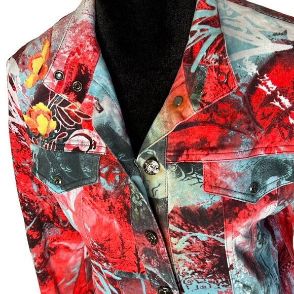 St. John Sport Marie Gray Button Up Abstract Colorful Print Moto Jacket XS - Picture 3 of 9